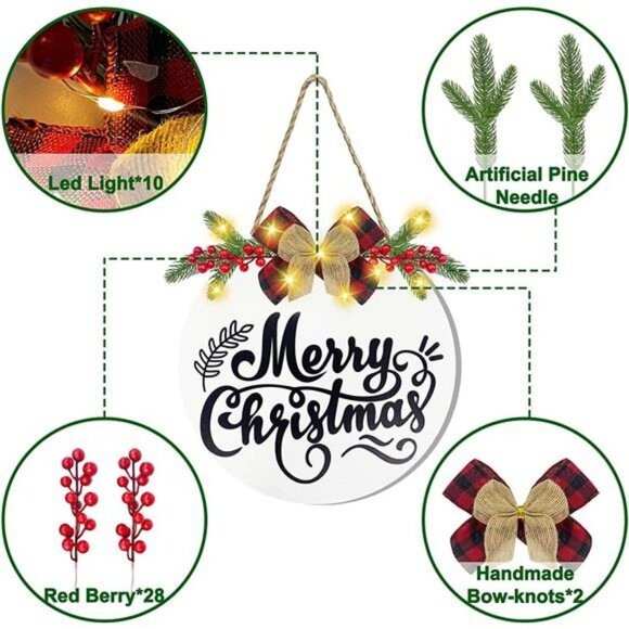 Lighted Merry Christmas Wreath Sign for Front Door Wreath Hanging Christmas - Picture 2 of 6